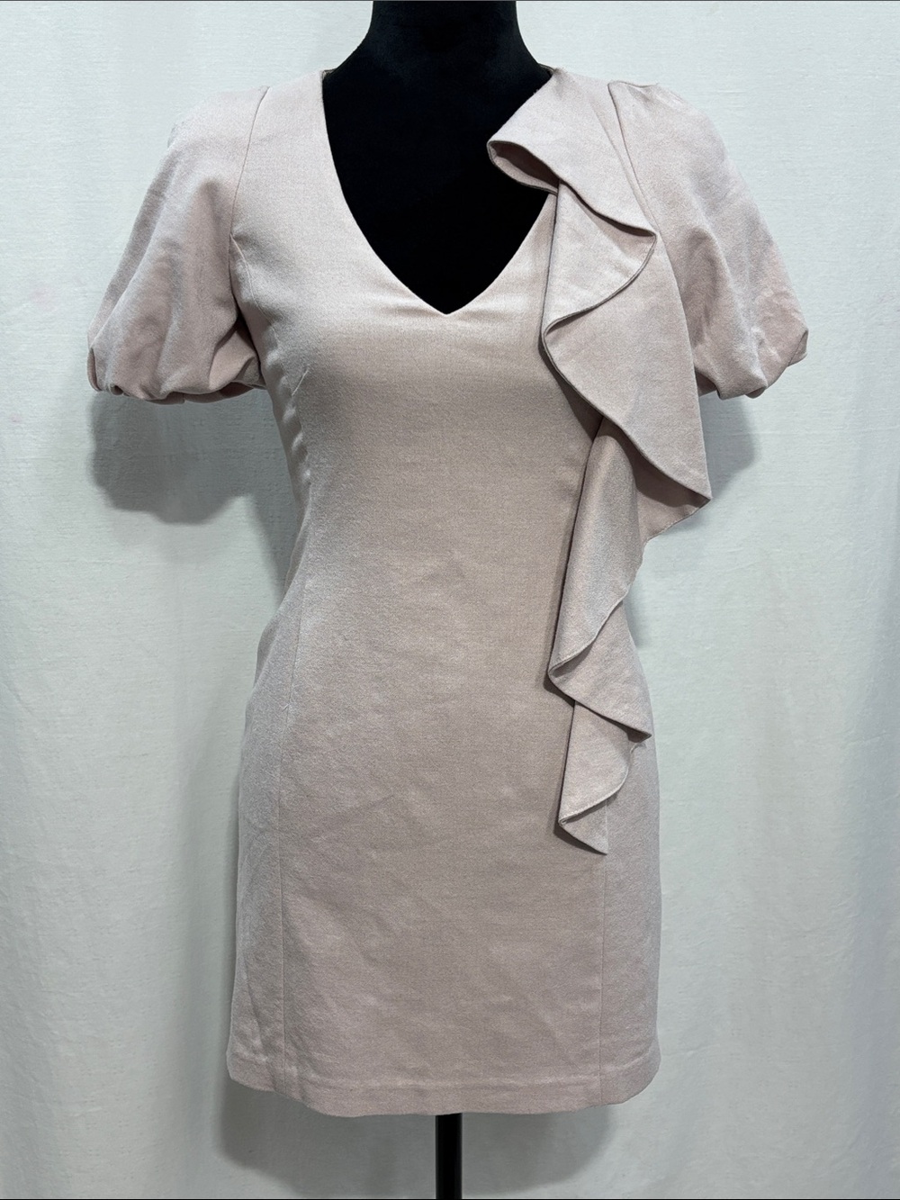 French Connection Blush Pink Ruffle-Accent Mini Dress w/Puff Sleeve trendy party